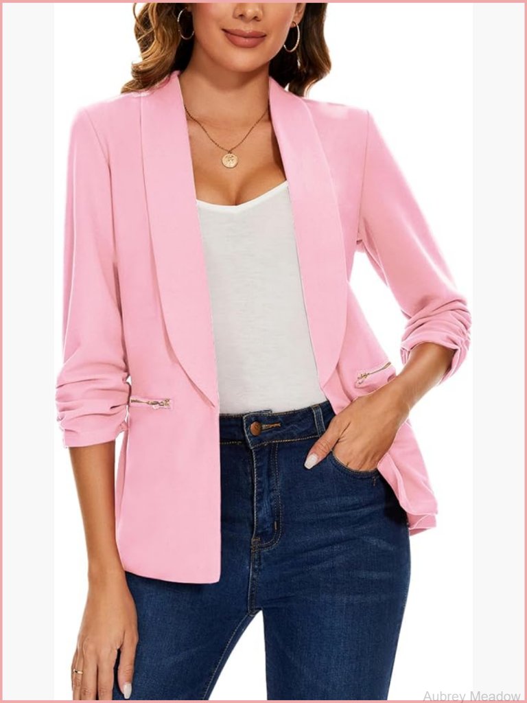 Women's 3/4 Sleeve Open Front Blazer With Zipper Pockets